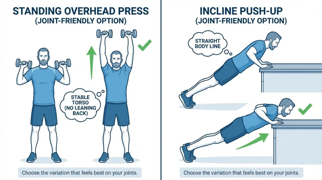 Split illustration showing a light dumbbell overhead press from shoulder level to overhead and an incline push-up on a counter