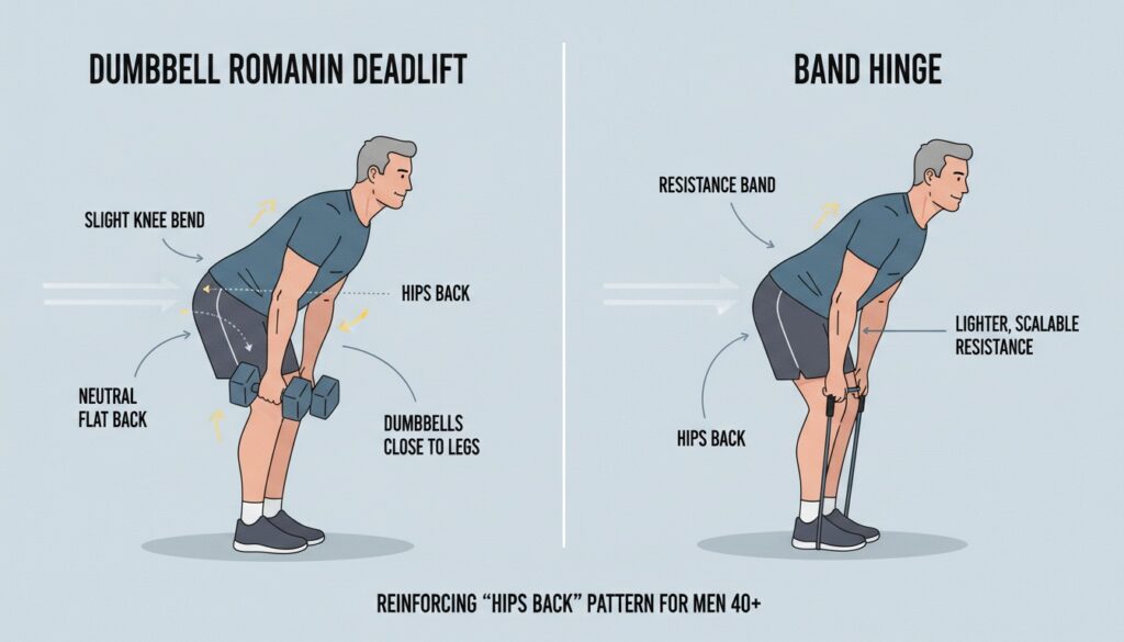 Split illustration showing a dumbbell Romanian deadlift with hips pushed back and a band hinge standing on a resistance band with a neutral spine