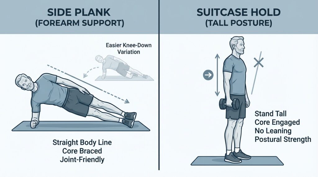 Split illustration showing a side plank on the forearm and a standing suitcase hold with one dumbbell while keeping shoulders level