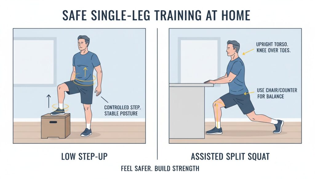 Split illustration showing a low step-up onto a small platform and an assisted split squat holding a chair for balance