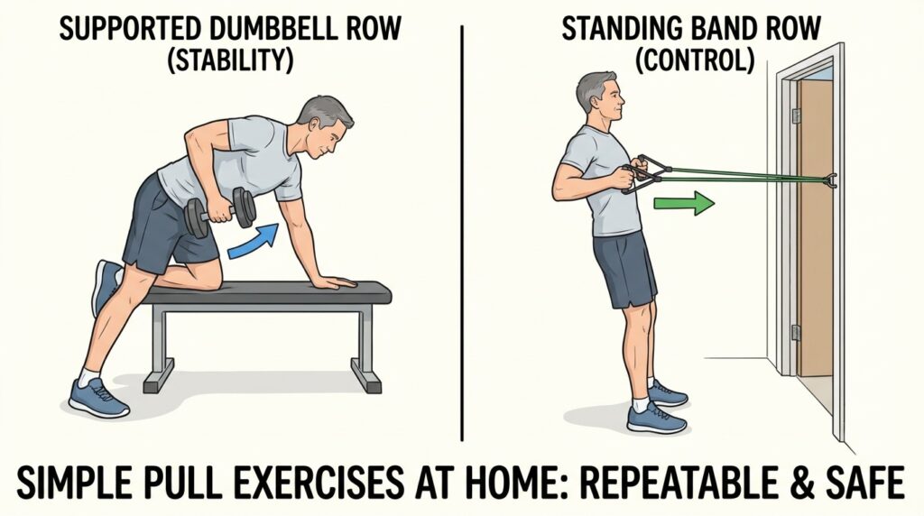 Split illustration showing a supported dumbbell row using a bench and a standing resistance band row anchored at a door