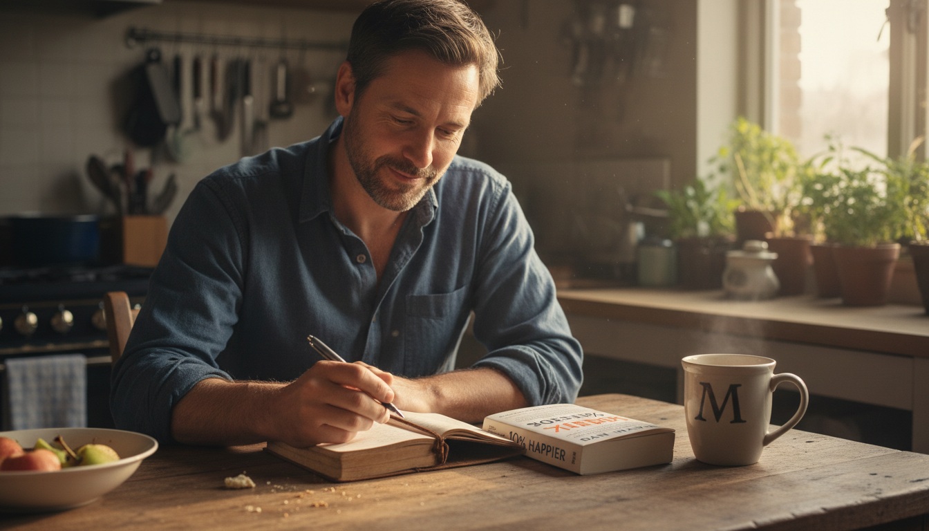 Man in his 40s journaling at a kitchen table with 10% Happier by Dan Harris and a coffee mug, looking calm and content