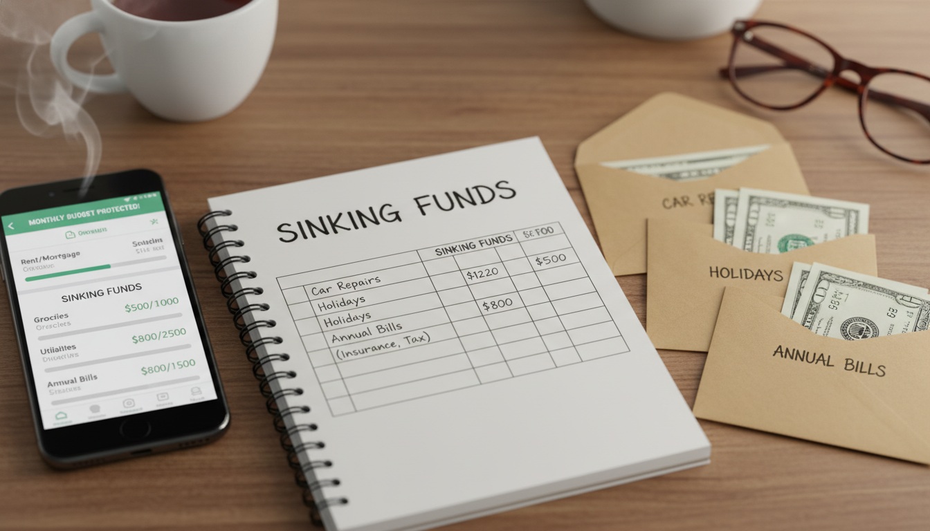 Sinking funds explained with labeled cash envelopes for car repairs, holidays, and annual bills on a kitchen table
