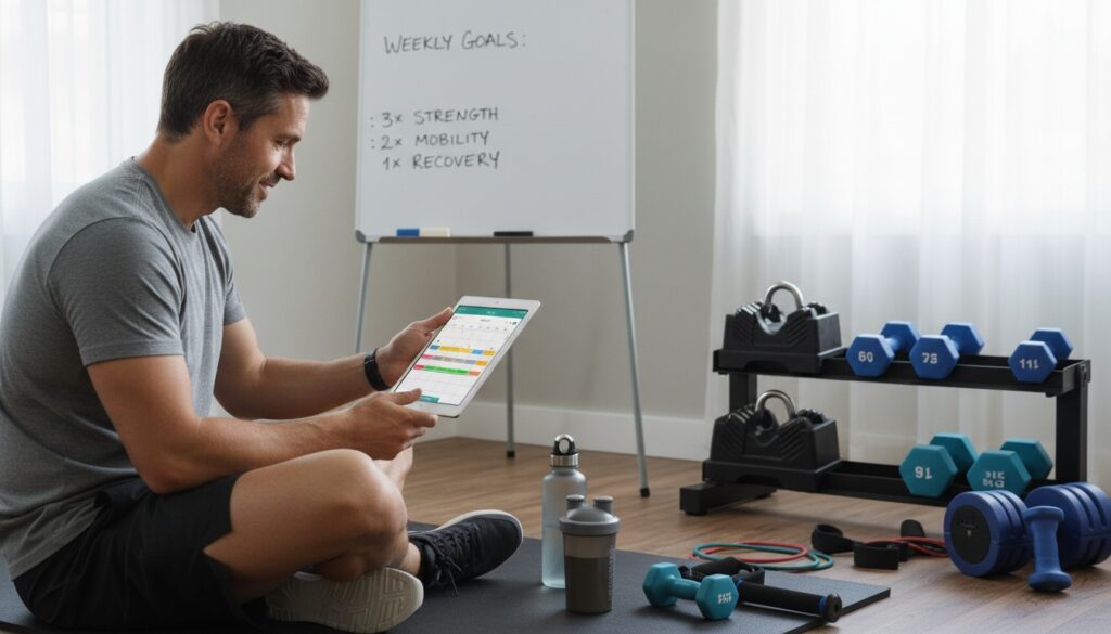 Man over 40 tracking a weekly home workout plan with dumbbells nearby, showing consistency and joint-friendly strength training