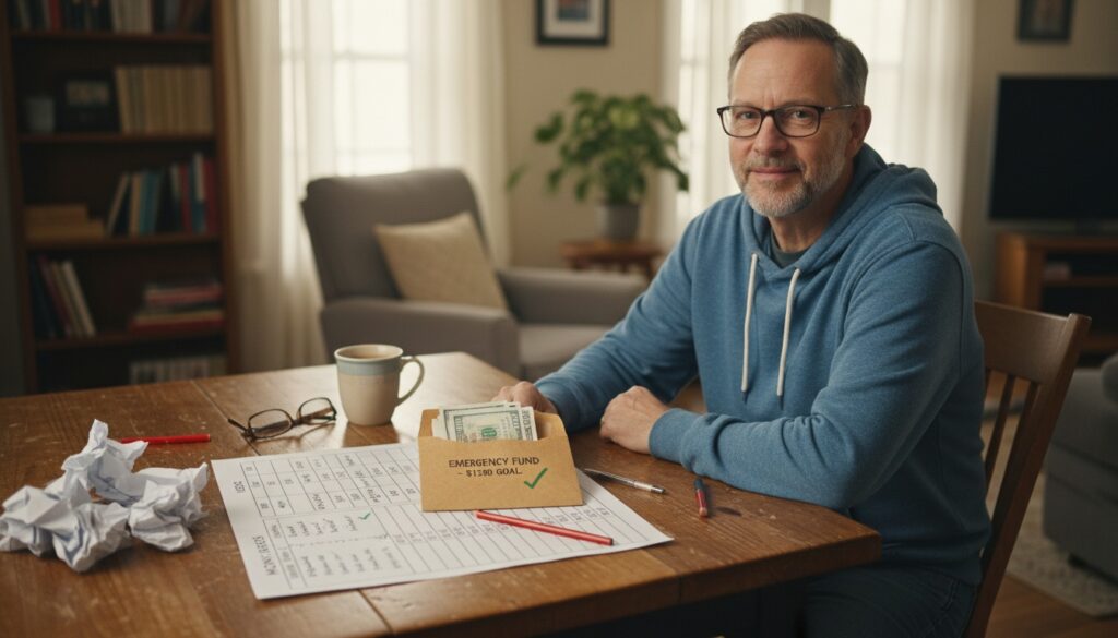 Final thoughts on zero-based budgeting for beginners: man reviewing a simple budget plan with emergency fund progress at home