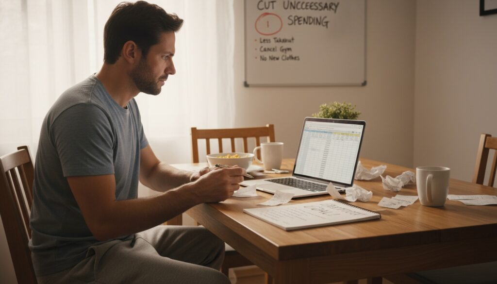 Man reviewing monthly budget and expenses at home to find extra money for debt payoff by cutting unnecessary spending