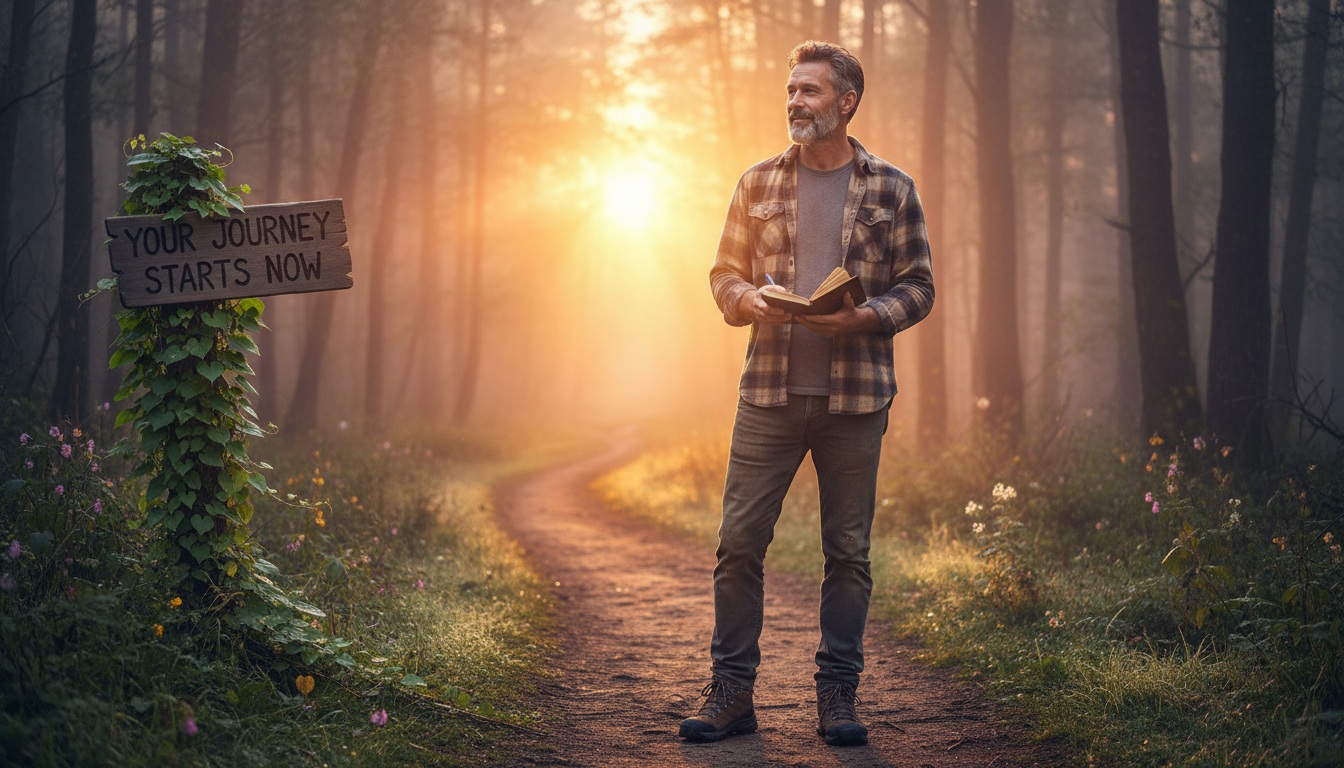 Man in his 40s standing at the beginning of a new path at sunrise, symbolizing finding your purpose and following your dreams after 40