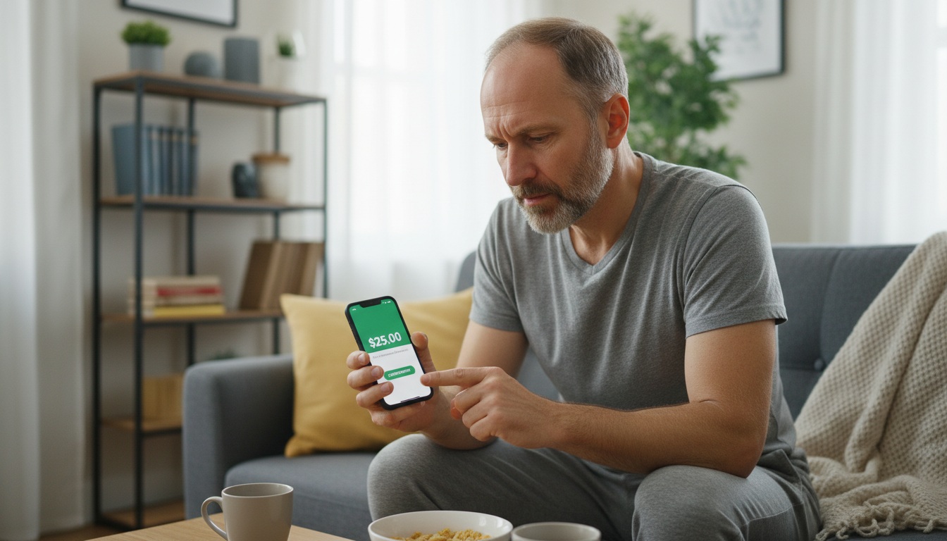 Man in his 40s starting his first investment with $25 on smartphone at home - beginner investing concept