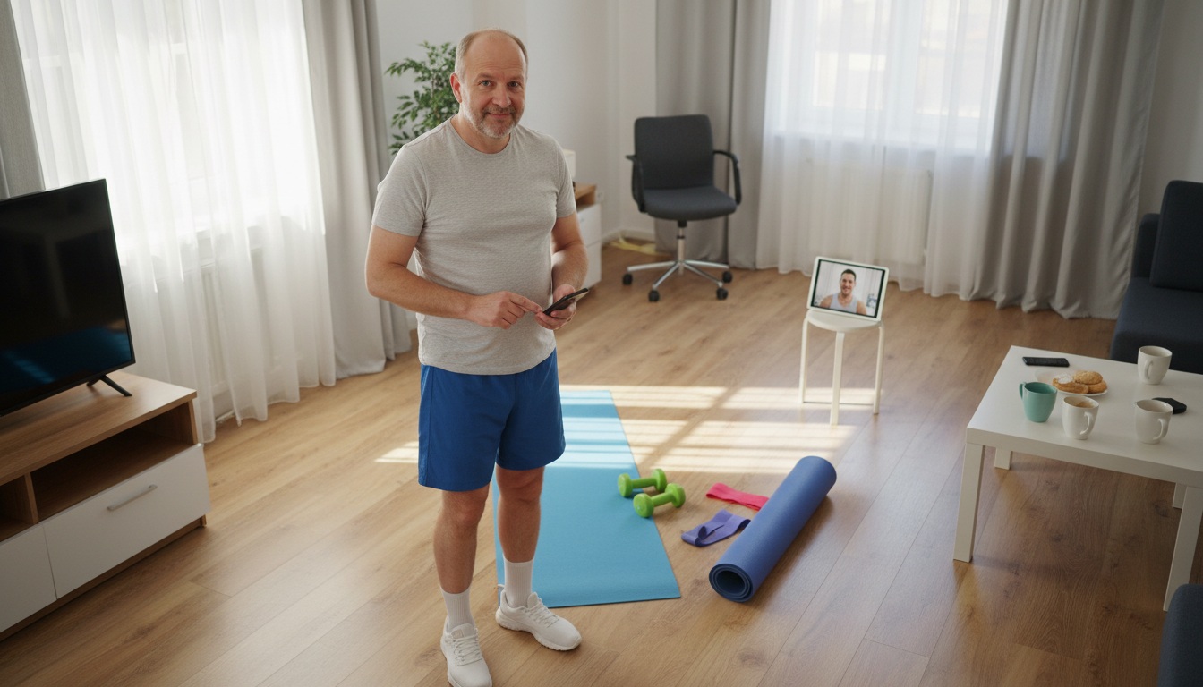 Man in his 40s preparing to start his first workout at home - fitness beginners over 40