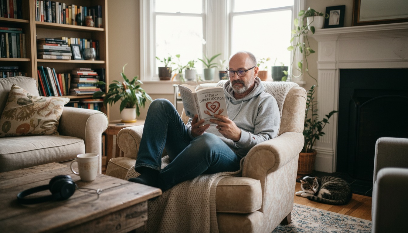 Man in his 40s reading The Gifts of Imperfection by Brené Brown - book review for personal growth and self-acceptance