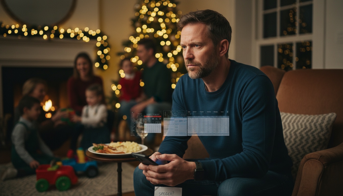 Man in his 40s feeling overwhelmed and contemplative at holiday family gathering, experiencing performance anxiety and year-end reflection stress