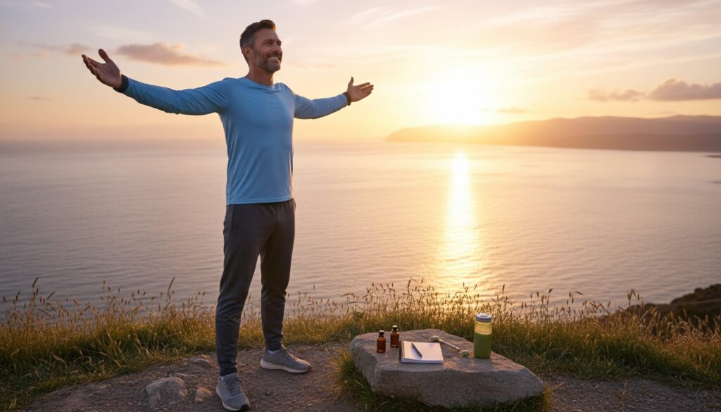 Confident man in his 40s looking toward the horizon at sunrise, symbolizing personal transformation and new possibilities through balanced wellness