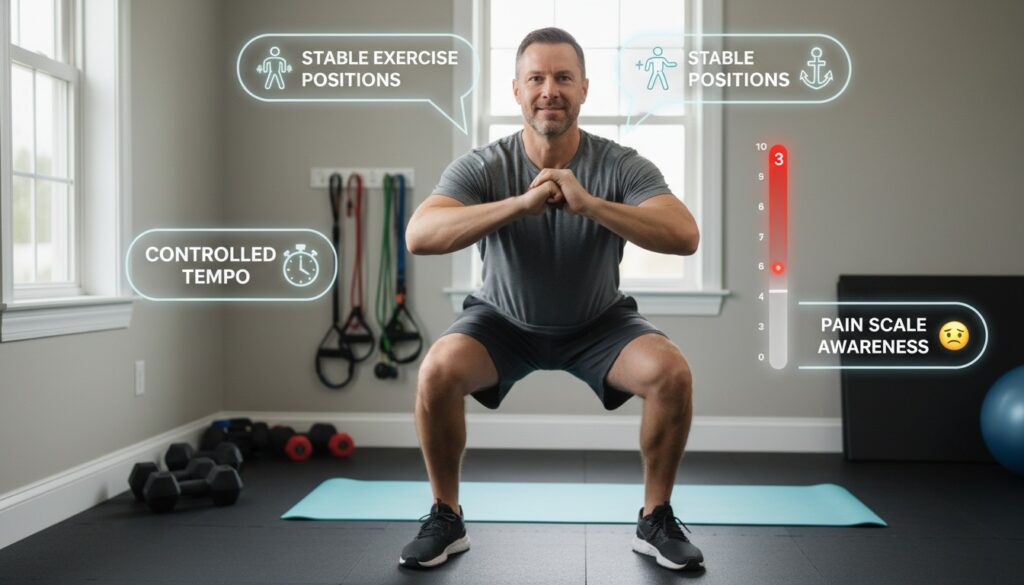 Infographic explaining joint-friendly strength training for men over 40 with controlled tempo, stable positions, and pain scale awareness