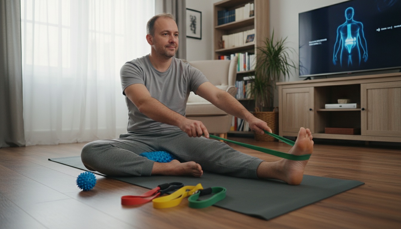 Man in his 40s performing mobility stretches at home for joint health with foam roller and resistance bands