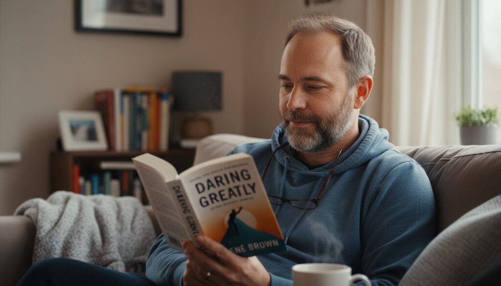 Man in his 40s reading self-development book - is Daring Greatly good for men over 40 seeking personal growth and transformation