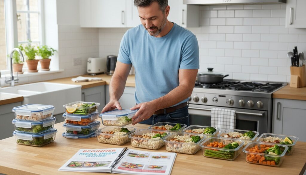 Man in his 40s doing meal prep in home kitchen - organizing healthy food and building sustainable nutrition habits for men over 40
