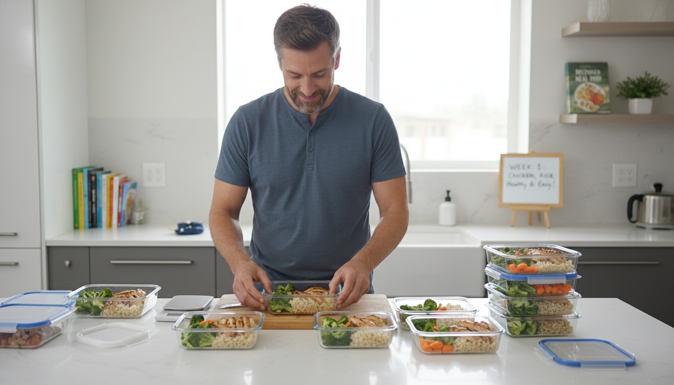Man in his 40s organizing healthy meal prep containers with chicken, rice, and vegetables in home kitchen - beginner meal prep guide