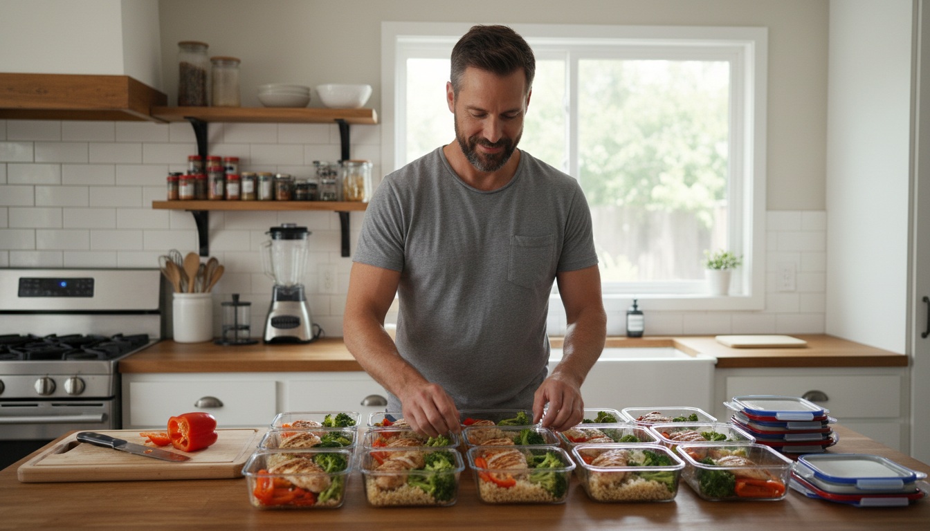 Man in his 40s organizing healthy meal prep containers with chicken, rice, and vegetables in home kitchen