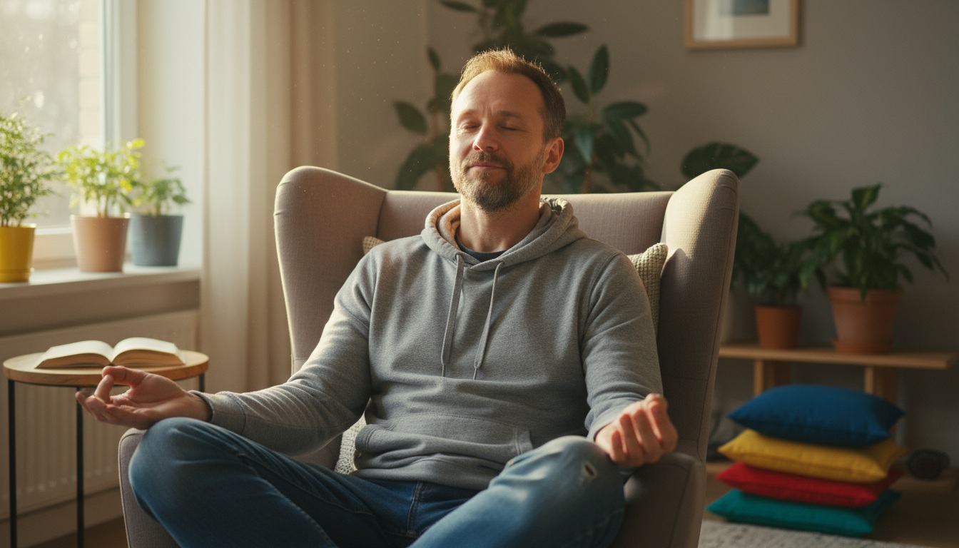 Man in his 40s practicing simple meditation at home in comfortable chair with natural lighting