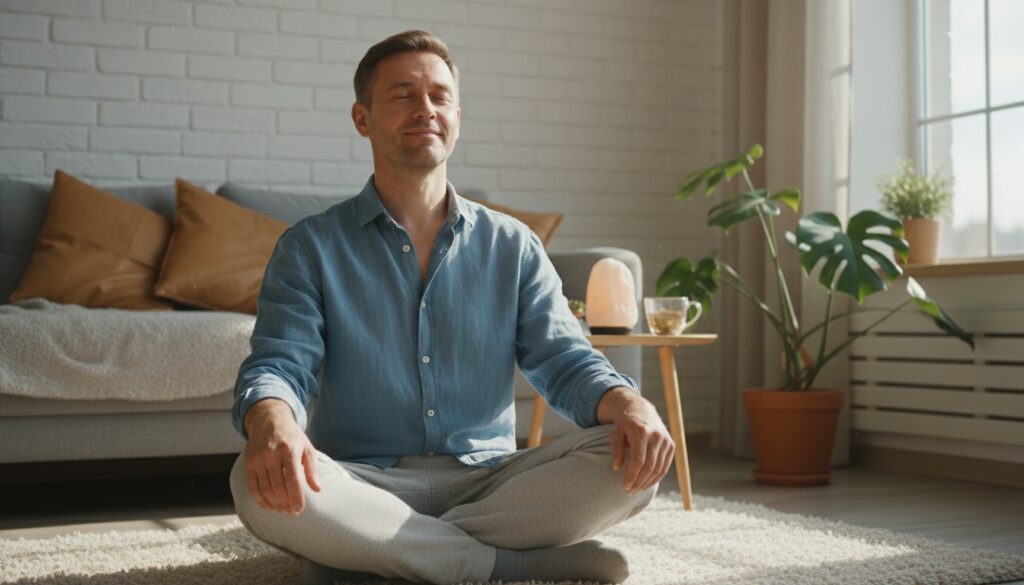 Peaceful man in his 40s with content smile after successful meditation practice showing positive transformation