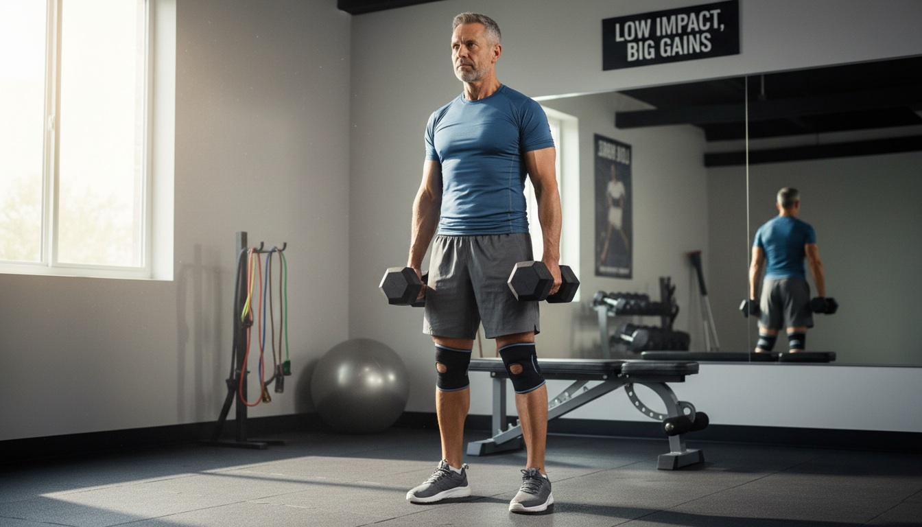 Determined man in his 40s ready for joint-friendly muscle building workout with dumbbells in home gym