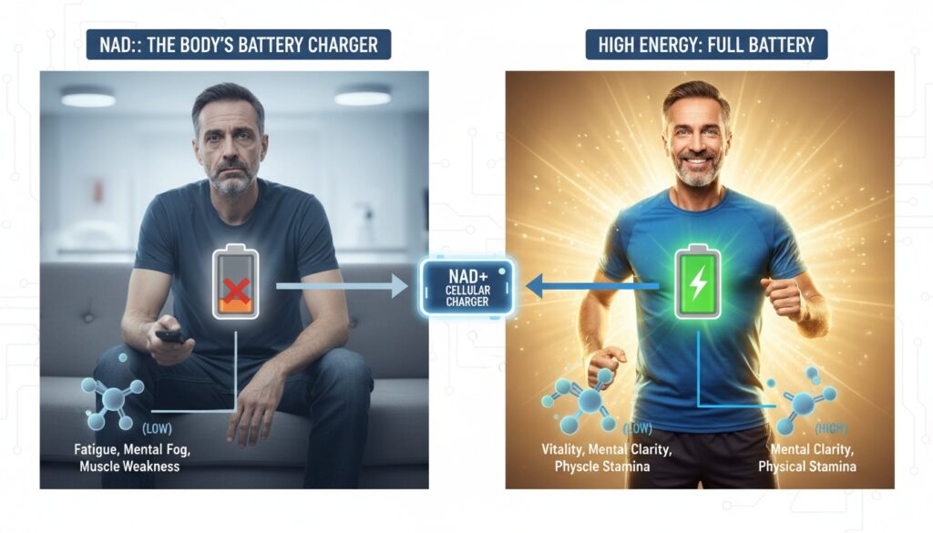 Visual comparison showing man over 40 with low energy versus high energy representing NAD+ as body's battery charger