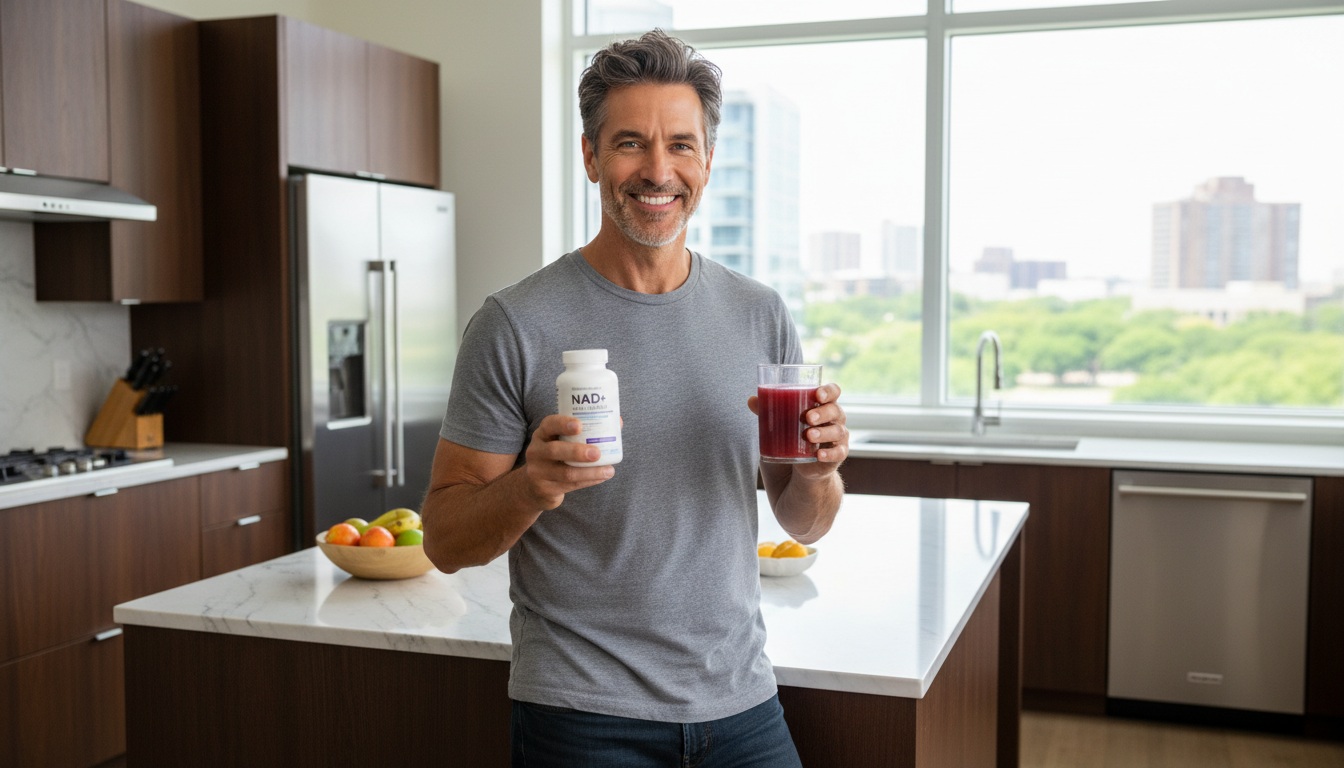 Man in his 40s holding NAD+ supplements in modern kitchen showing energy and vitality for anti-aging and longevity