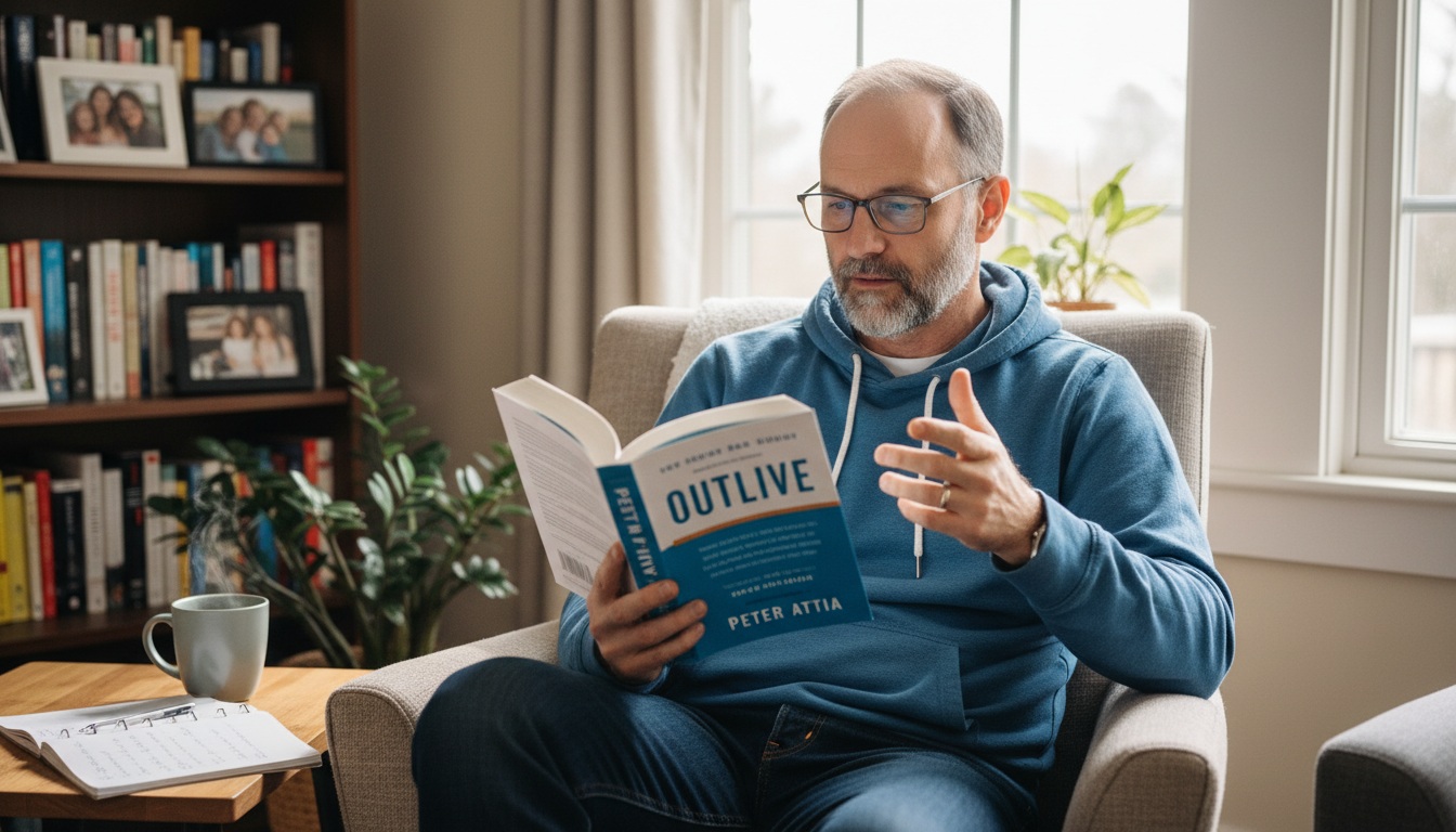 Man in his 40s reading Outlive by Peter Attia book on longevity and healthspan strategies for middle-aged men