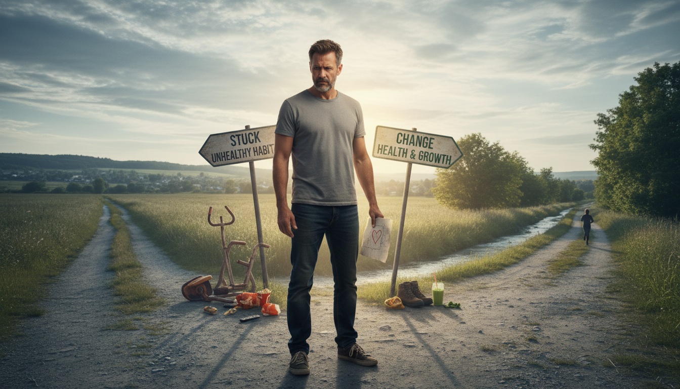 Man in his 40s standing at a crossroads choosing between staying stuck and embracing change for better health and life transformation