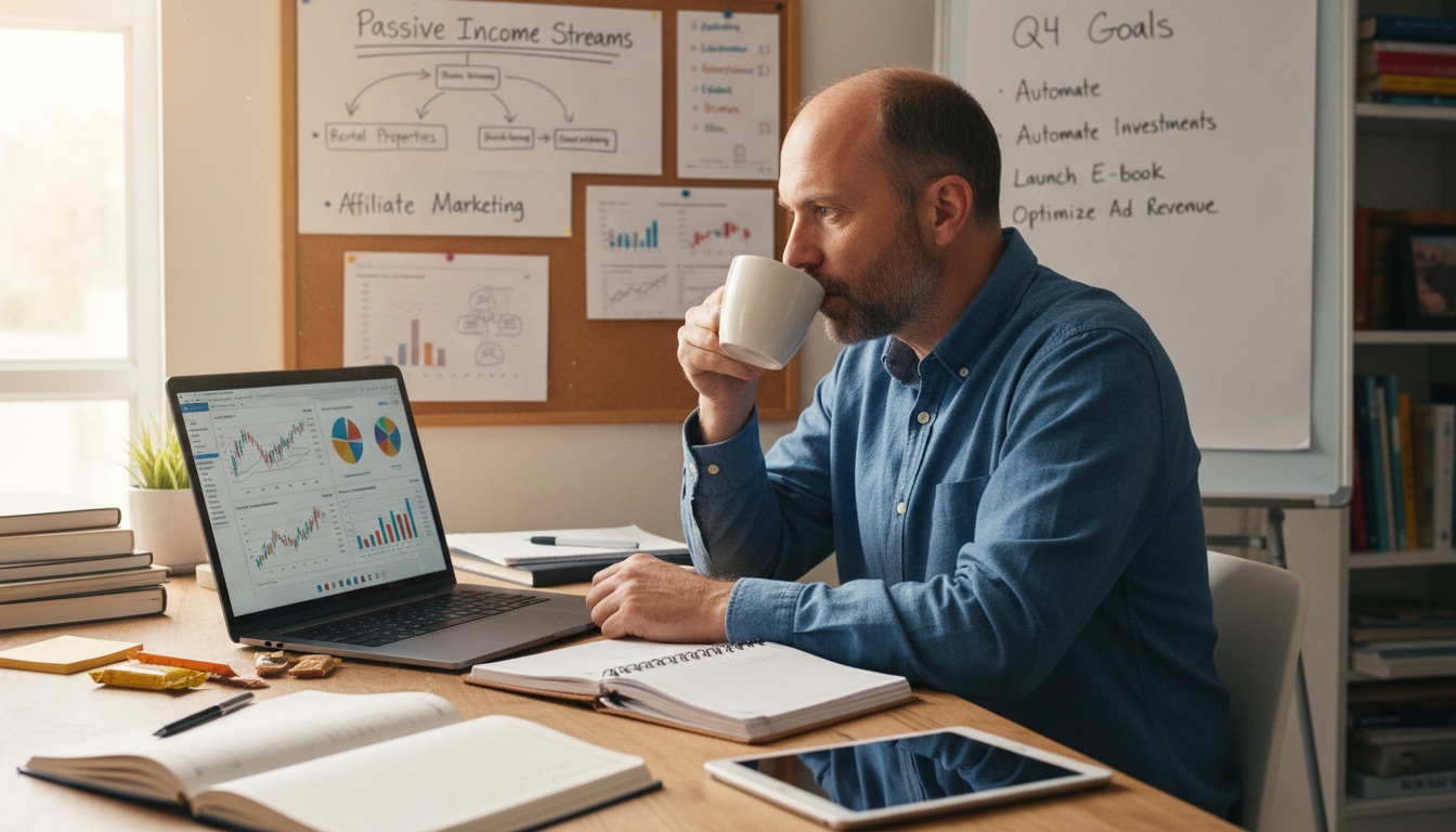 Man in his 40s planning passive income strategies at home office desk with laptop and financial charts