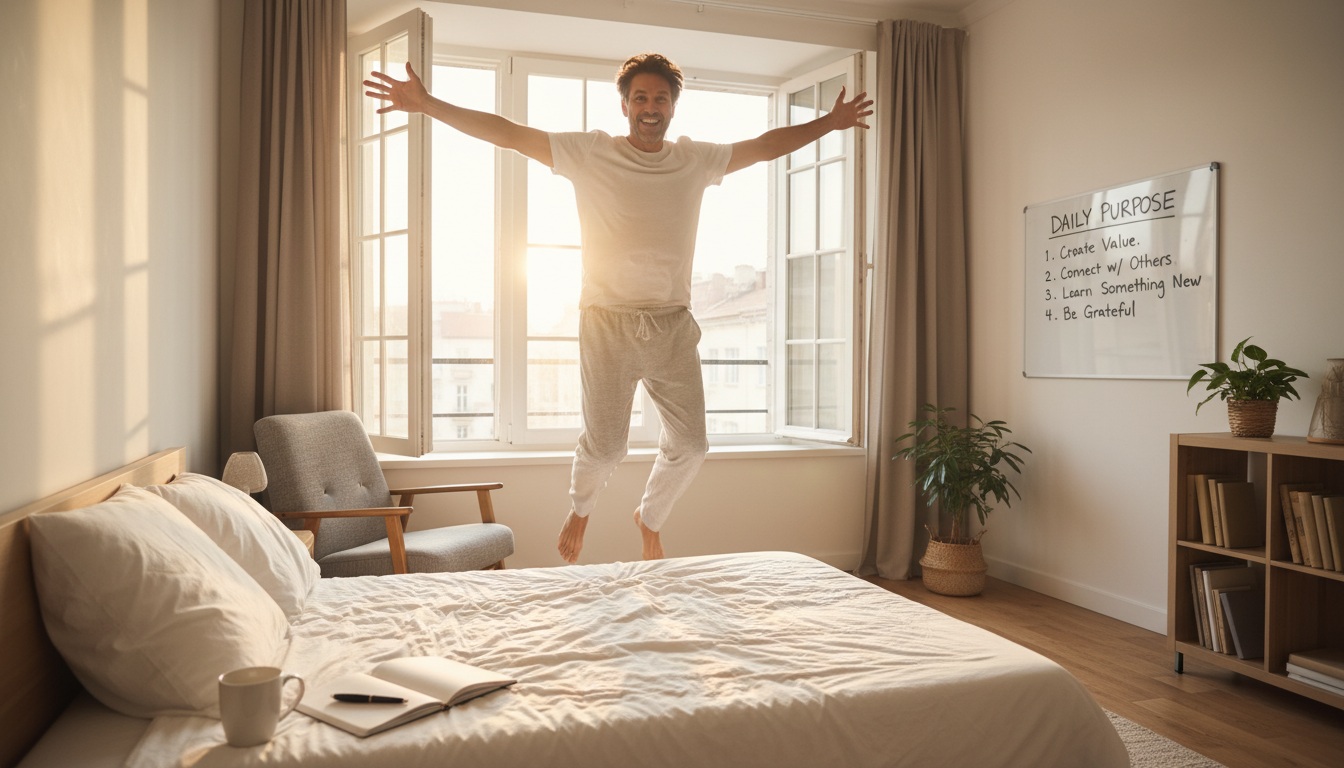 Energized man in his 40s waking up with purpose and enthusiasm, showing the mental health benefits of living a meaningful life