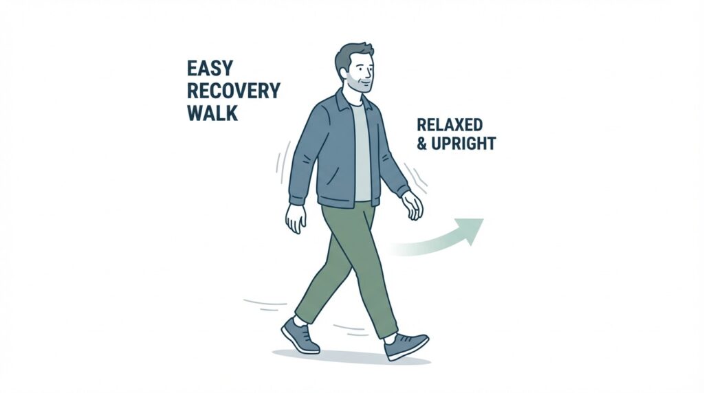 Man taking an easy walk with relaxed posture and gentle arm swing for recovery