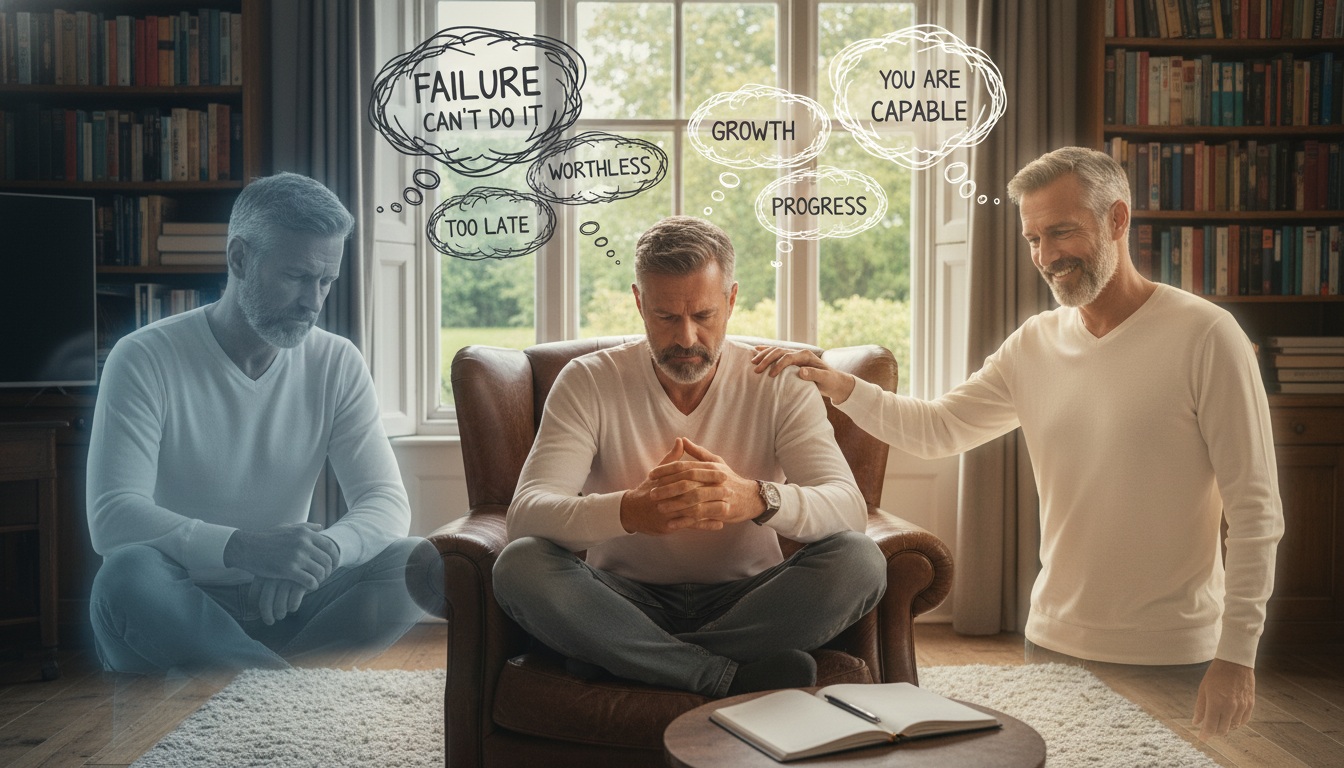 Authentic self-reflection moment showing journey from negative self-talk to positive inner coaching