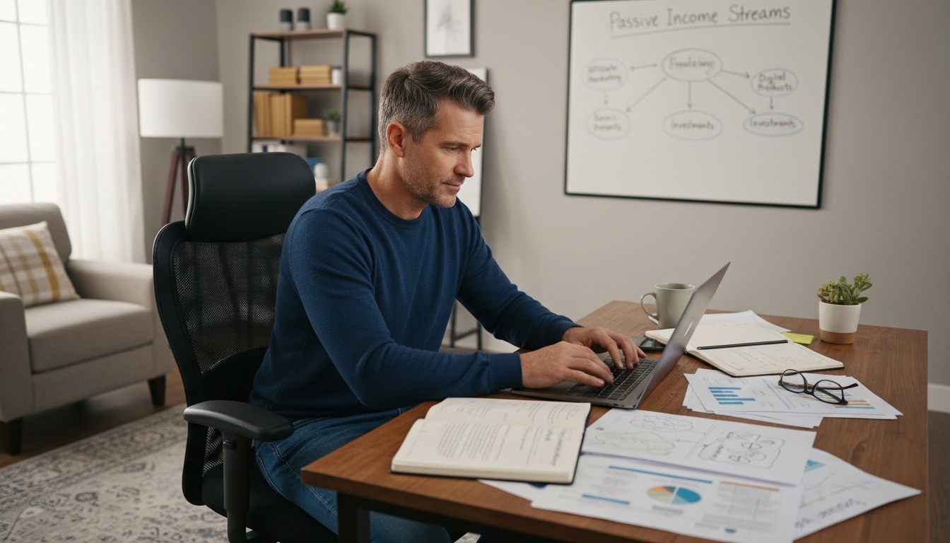 Confident man over 40 working on laptop at home office desk planning side hustle and passive income strategies