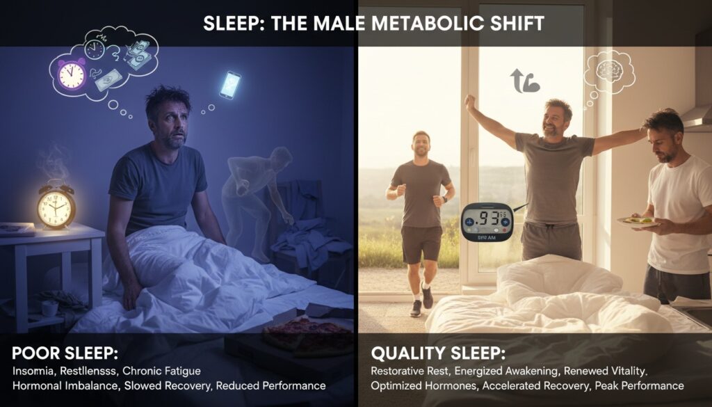 Comparison of tired man over 40 struggling with sleep problems versus energized man after improving sleep quality showing the impact of sleep optimization