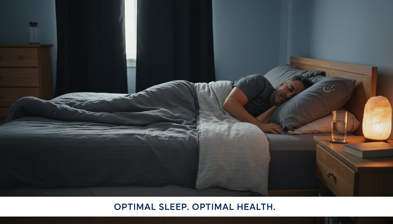 Man in his 40s sleeping peacefully in dark bedroom demonstrating sleep optimization and quality rest for better health and hormone balance