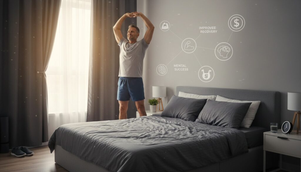 Energized man over 40 stretching in morning after quality sleep showing the benefits of sleep optimization for physical wellness mental resilience and daily energy