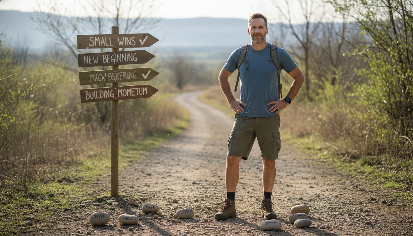 Man in his 40s standing confidently at the start of a journey symbolizing building momentum with small wins