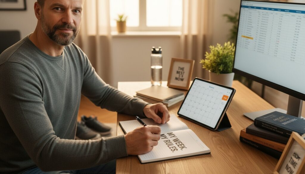 Man in his 40s starting his first Sunday reset routine with notebook and pen, ready to take action on weekly planning