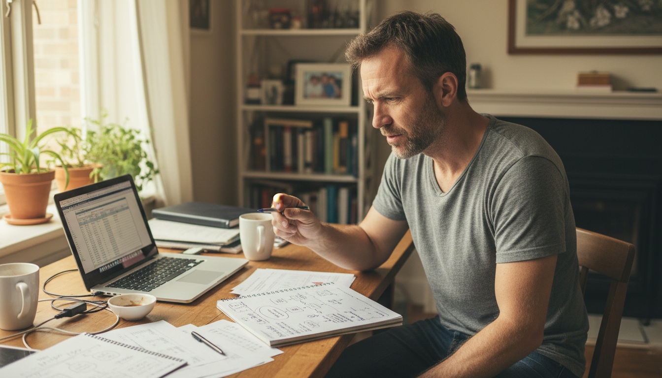 Man in his 40s planning his first side hustle at home office desk with laptop and notebook