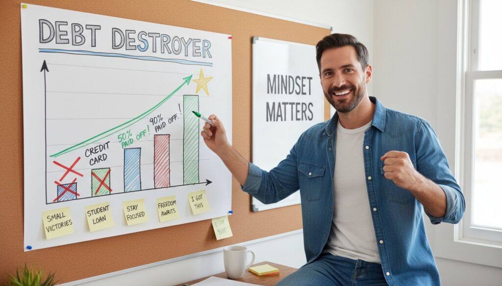 Confident man tracking debt payoff progress with visual chart showing mental resilience and determination on debt-free journey