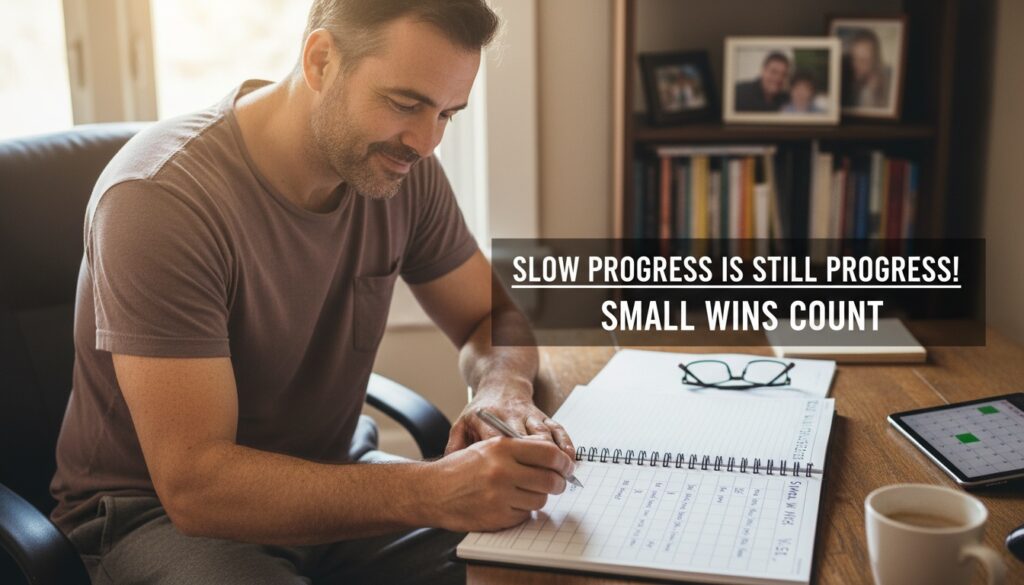 Man in his 40s tracking small wins and progress in a habit journal to stay motivated during slow progress