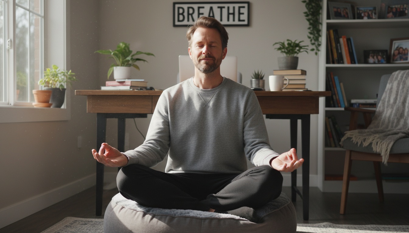 Man in his 40s practicing stress relief breathing techniques at home office - stress management for busy men
