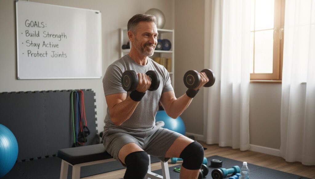 Motivated man in his 40s actively working out with dumbbells in home gym showing determination and commitment