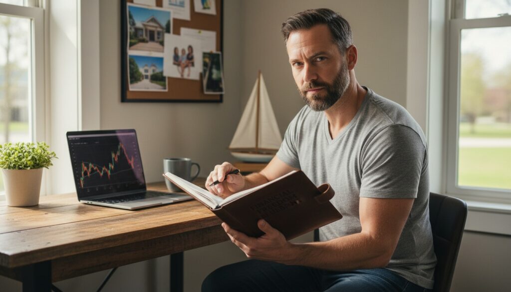 Motivated man in his 40s ready to take action on financial freedom journey with planner and determined expression
