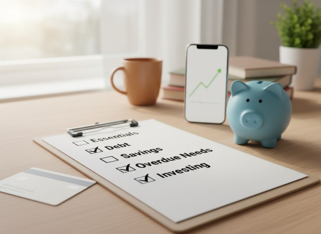 Tax refund plan checklist showing essentials, debt, savings, overdue needs, and investing