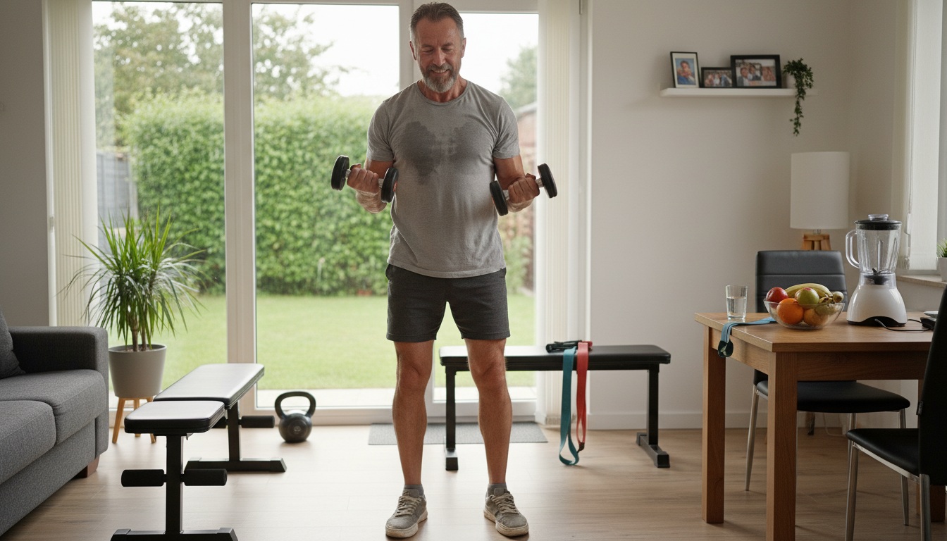 Man in his 40s working out at home showing natural testosterone optimization through strength training and healthy lifestyle