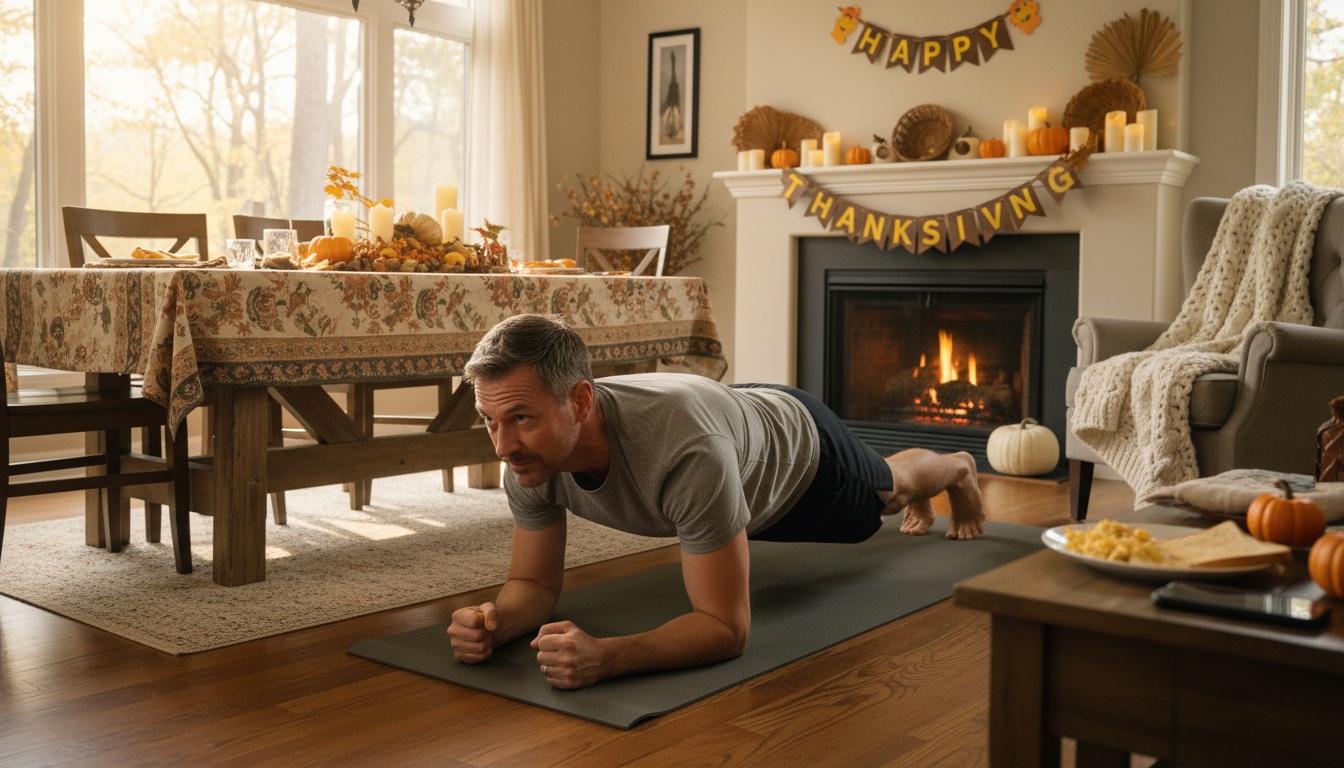 Man in his 40s doing bodyweight plank exercise at home on Thanksgiving morning with autumn decorations