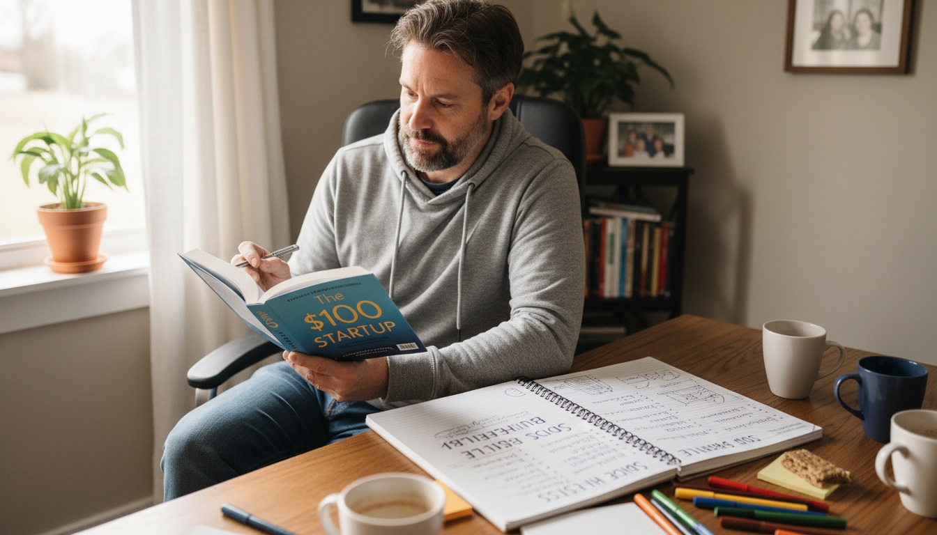 Man in his 40s reading The $100 Startup book at home office desk with notebook planning side business ideas