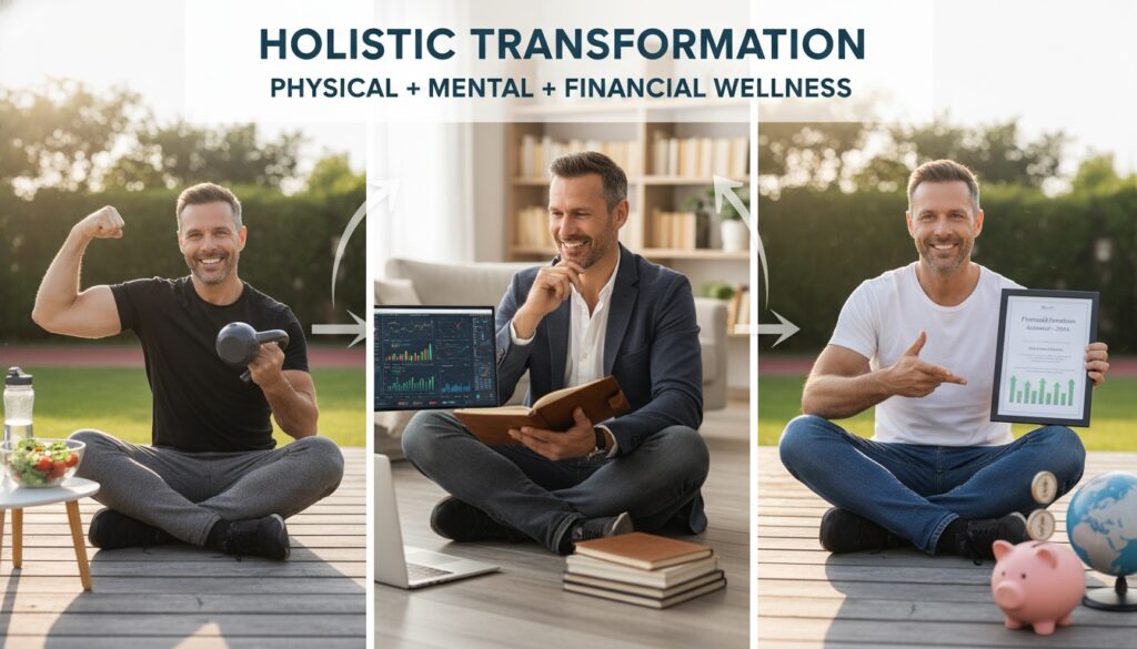 Man over 40 balancing physical wellness, mental resilience, and financial independence through small daily wins